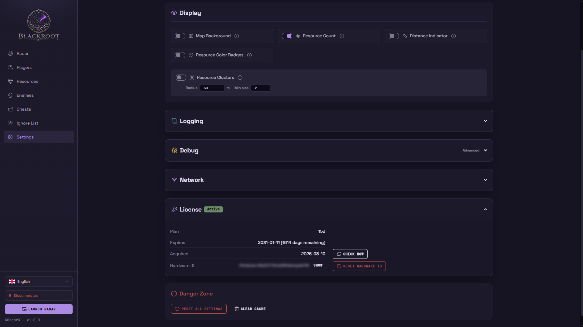 Full settings: filters, alerts, interface and network